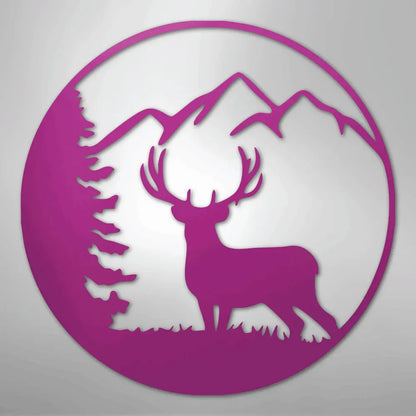 Purple metal wall art: circular design with a majestic deer, pine tree, and mountains.