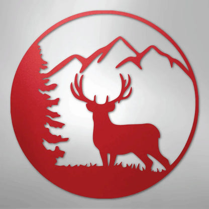 Red metal wall art: deer with antlers, pine tree, and mountains in a circular design.
