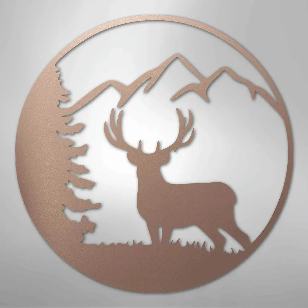 Graceful deer, pine tree, and mountains in a circular, rustic copper metal wall art.