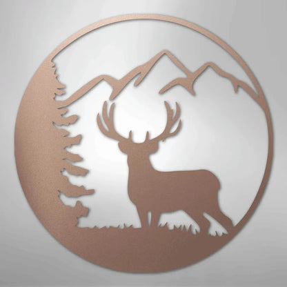 Graceful deer, pine tree, and mountains in a circular, rustic copper metal wall art.