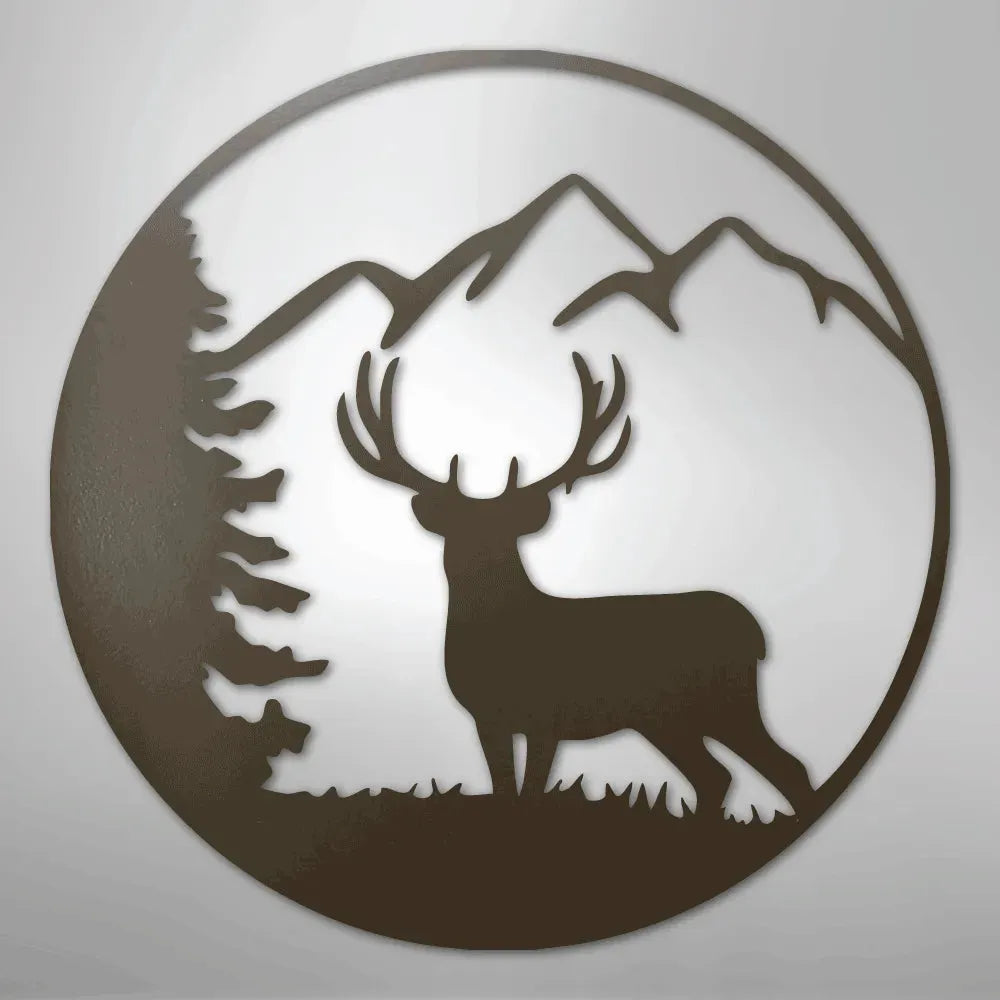 Rustic black metal wall art: circular deer, pine tree, and mountain silhouette.