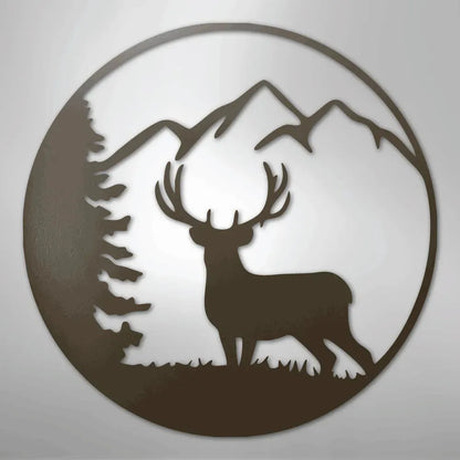 Rustic black metal wall art: circular deer, pine tree, and mountain silhouette.