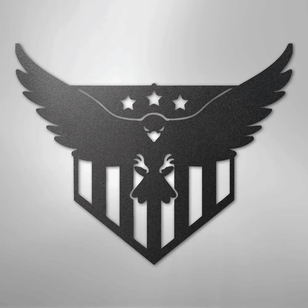 Black metal wall art featuring a swooping eagle with spread wings over a shield with stars and stripes.