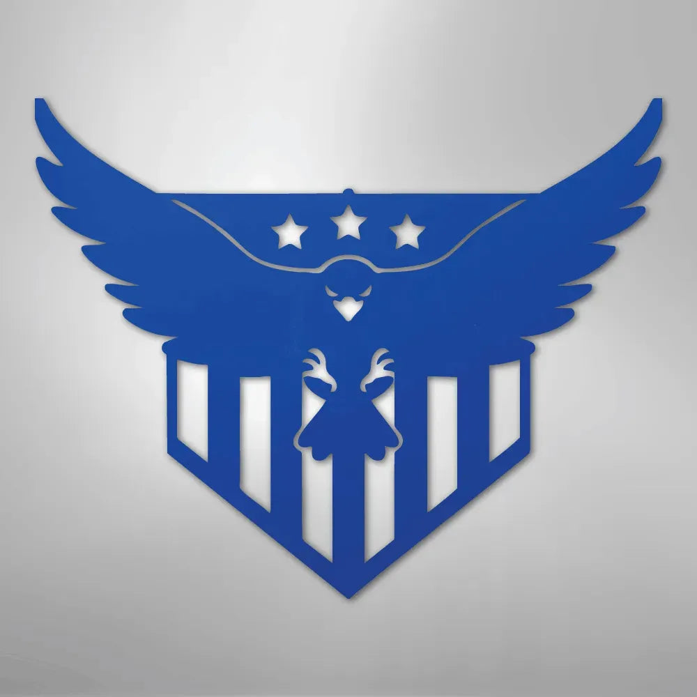 Blue metal wall art featuring a swooping eagle with three stars above and vertical stripes below.