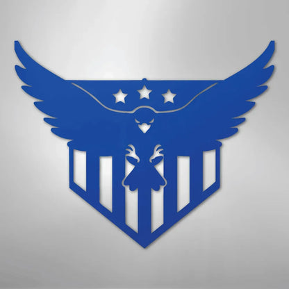 Blue metal wall art featuring a swooping eagle with three stars above and vertical stripes below.
