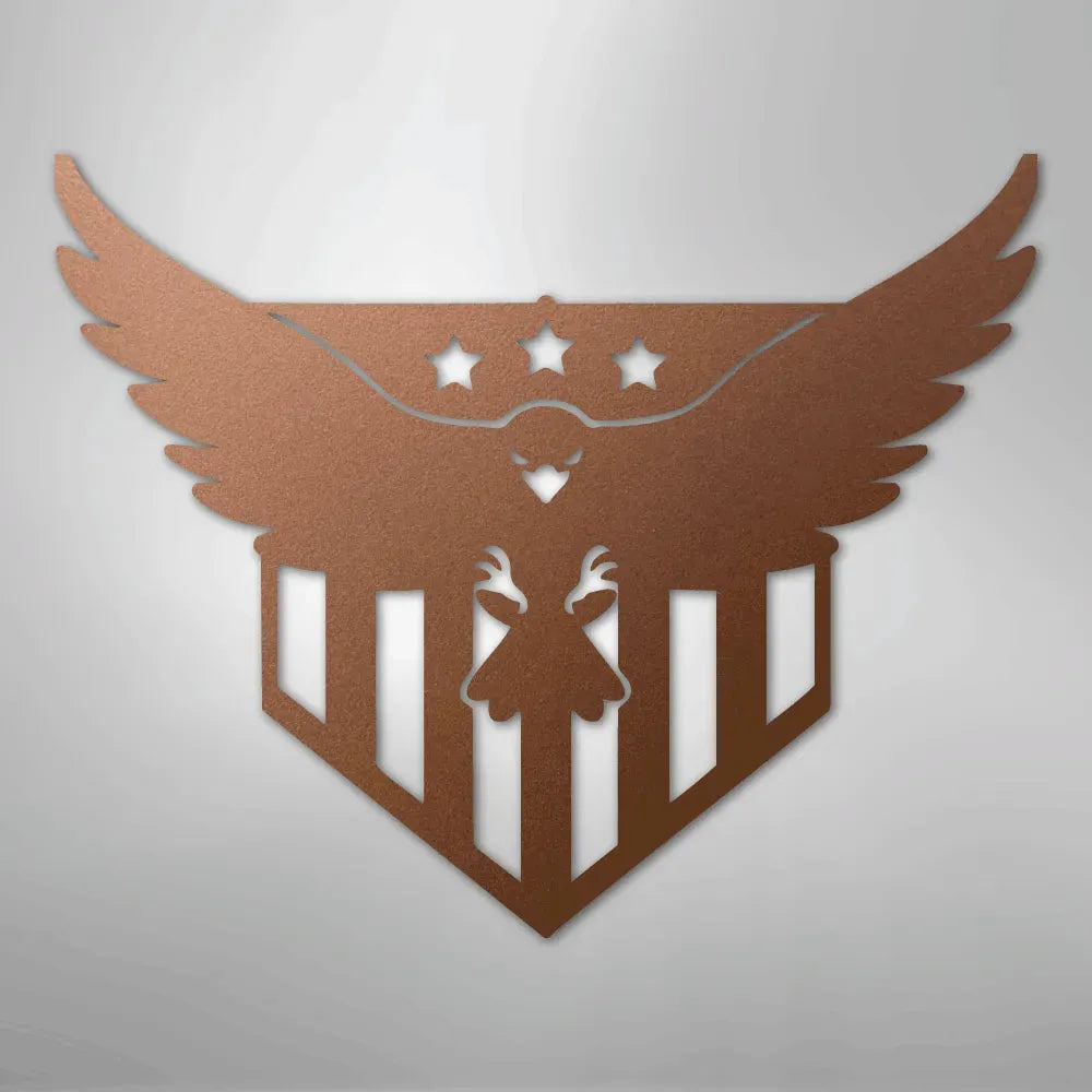 Copper metal wall art of a swooping eagle with stars and stripes shield design.