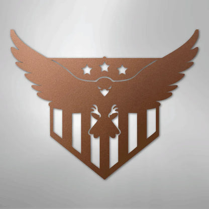 Copper metal wall art of a swooping eagle with stars and stripes shield design.