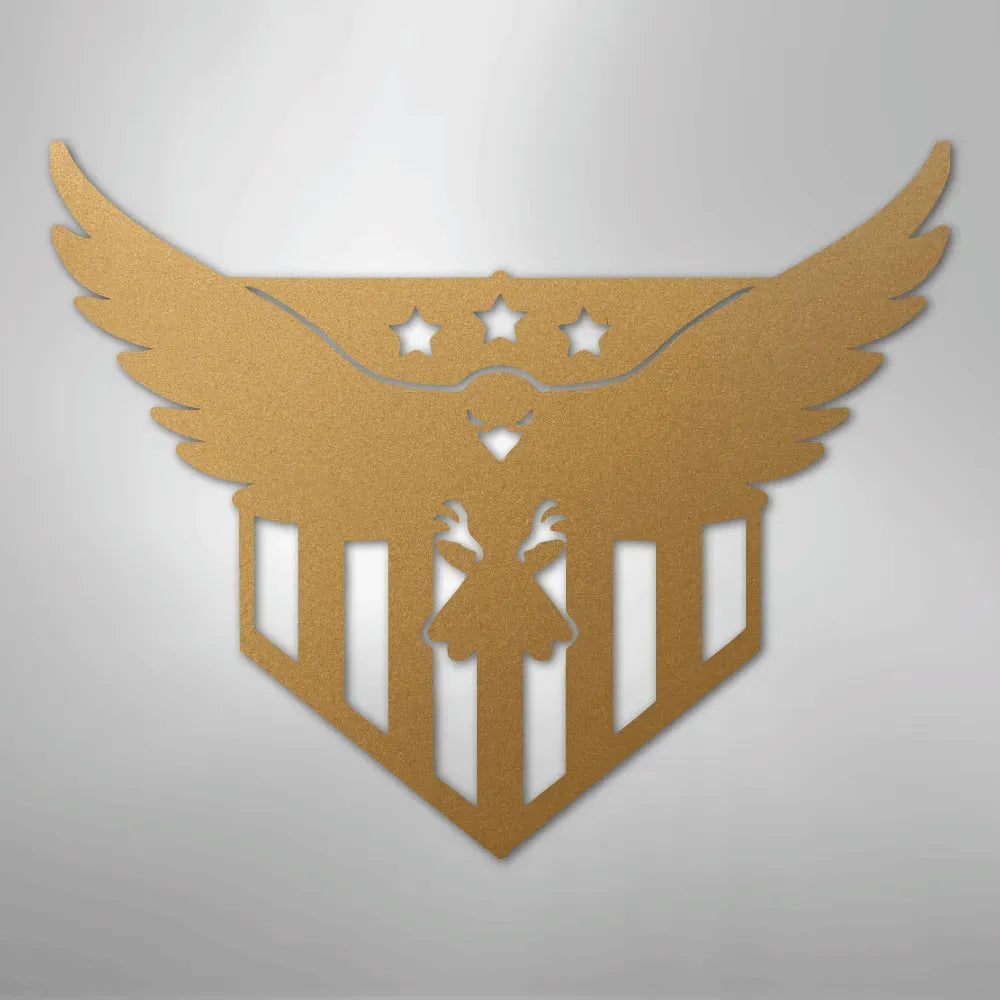 Gold metal wall art featuring a swooping eagle with spread wings and three stars above a striped shield.