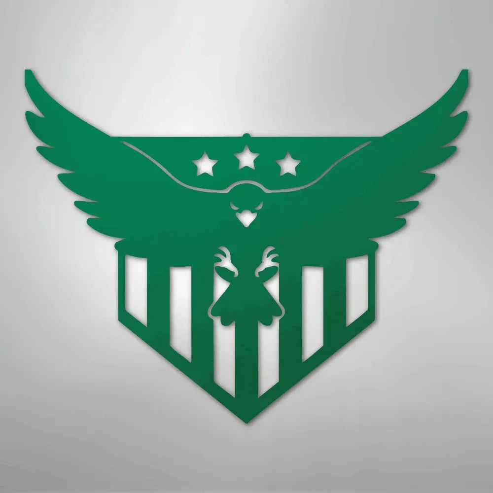 Green metal wall art featuring a swooping eagle with three stars above a striped shield.