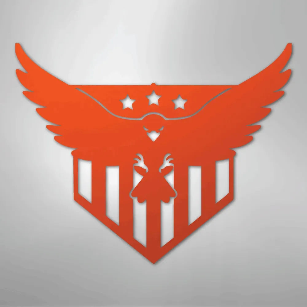 Orange metal wall art featuring a swooping eagle with three stars and vertical stripes.