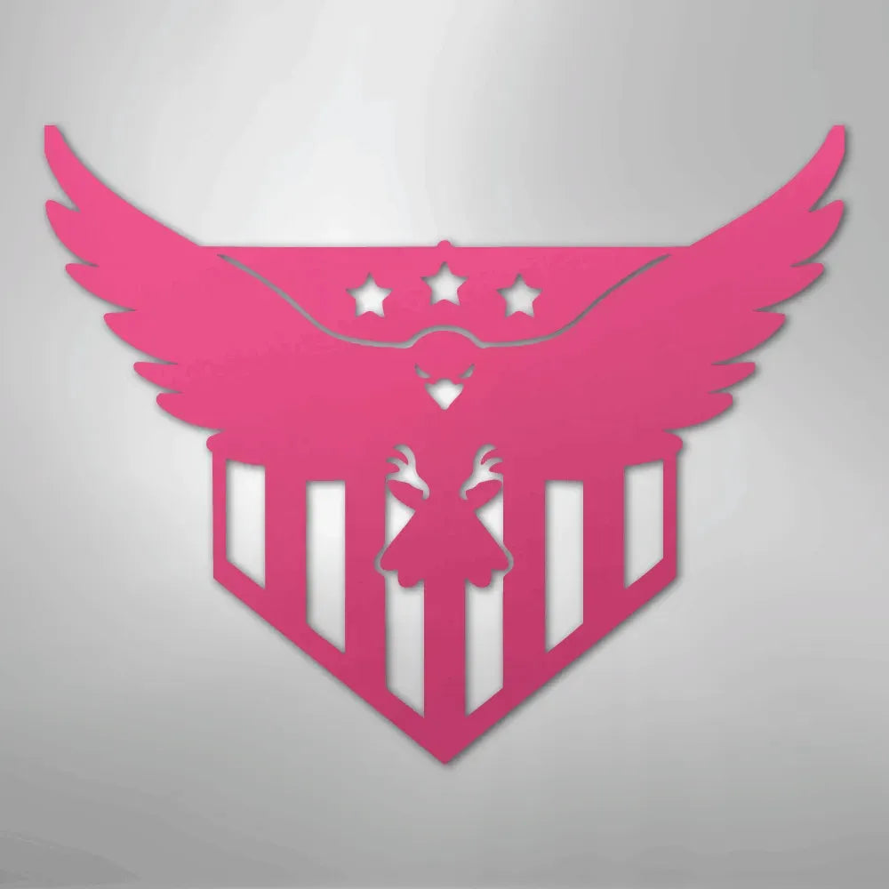 Pink metal wall art featuring a swooping eagle with three stars above a striped shield design.