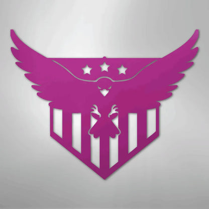 Pink metal wall art featuring a swooping eagle with three stars and vertical stripes on a shield.