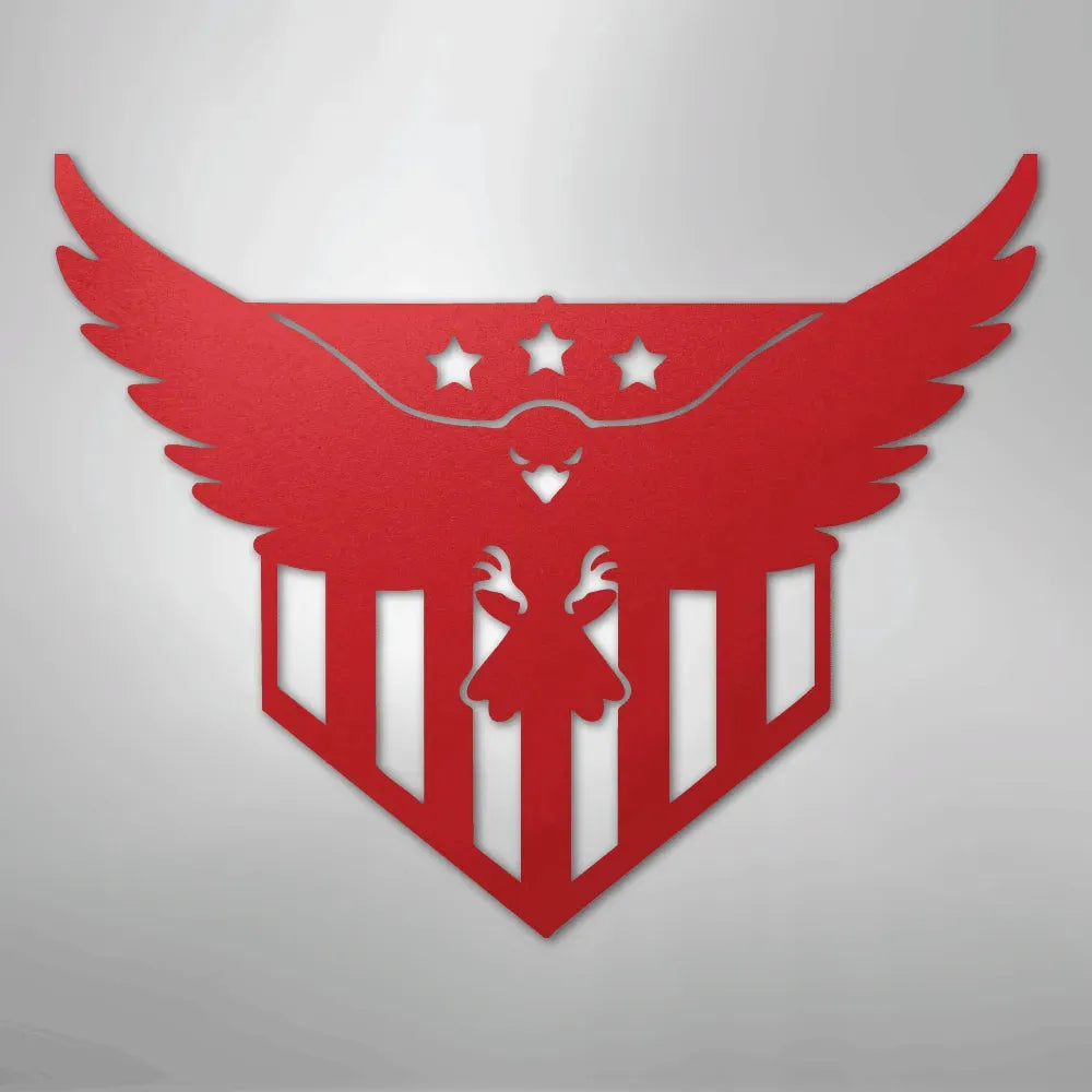 Red metal wall art featuring a swooping eagle with three stars above a striped shield.
