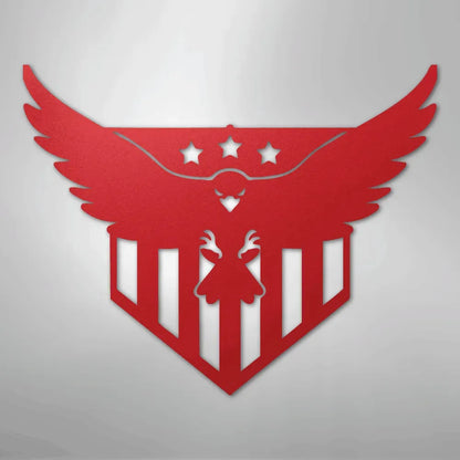 Red metal wall art featuring a swooping eagle with three stars above a striped shield.