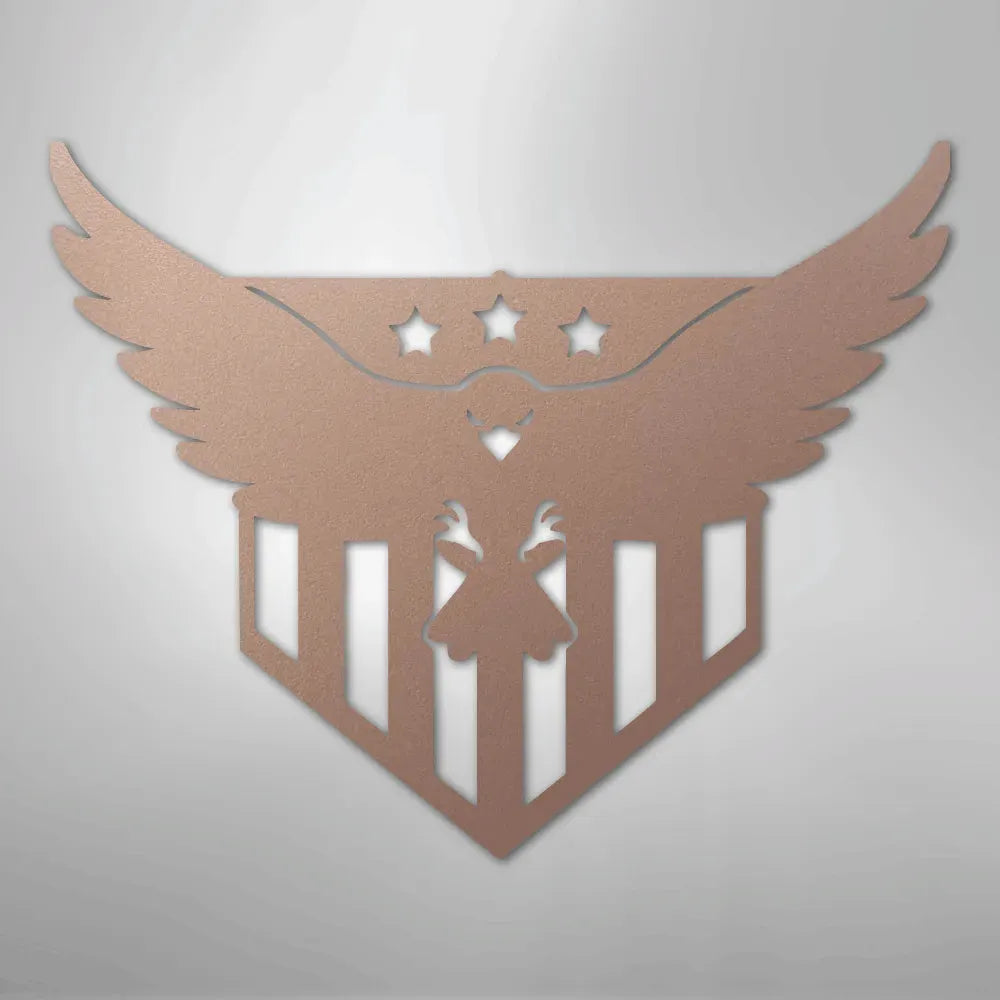 Copper metal wall art featuring a swooping eagle with three stars above a striped shield design.