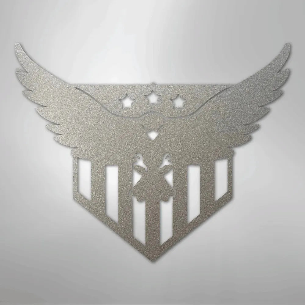 Silver metal wall art featuring a swooping eagle with three stars and a striped shield design.