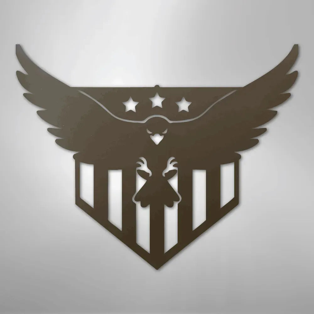 Brown metal wall art featuring a swooping eagle with three stars and vertical stripes.