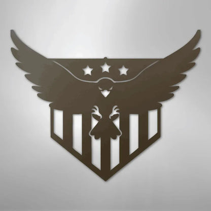 Brown metal wall art featuring a swooping eagle with three stars and vertical stripes.