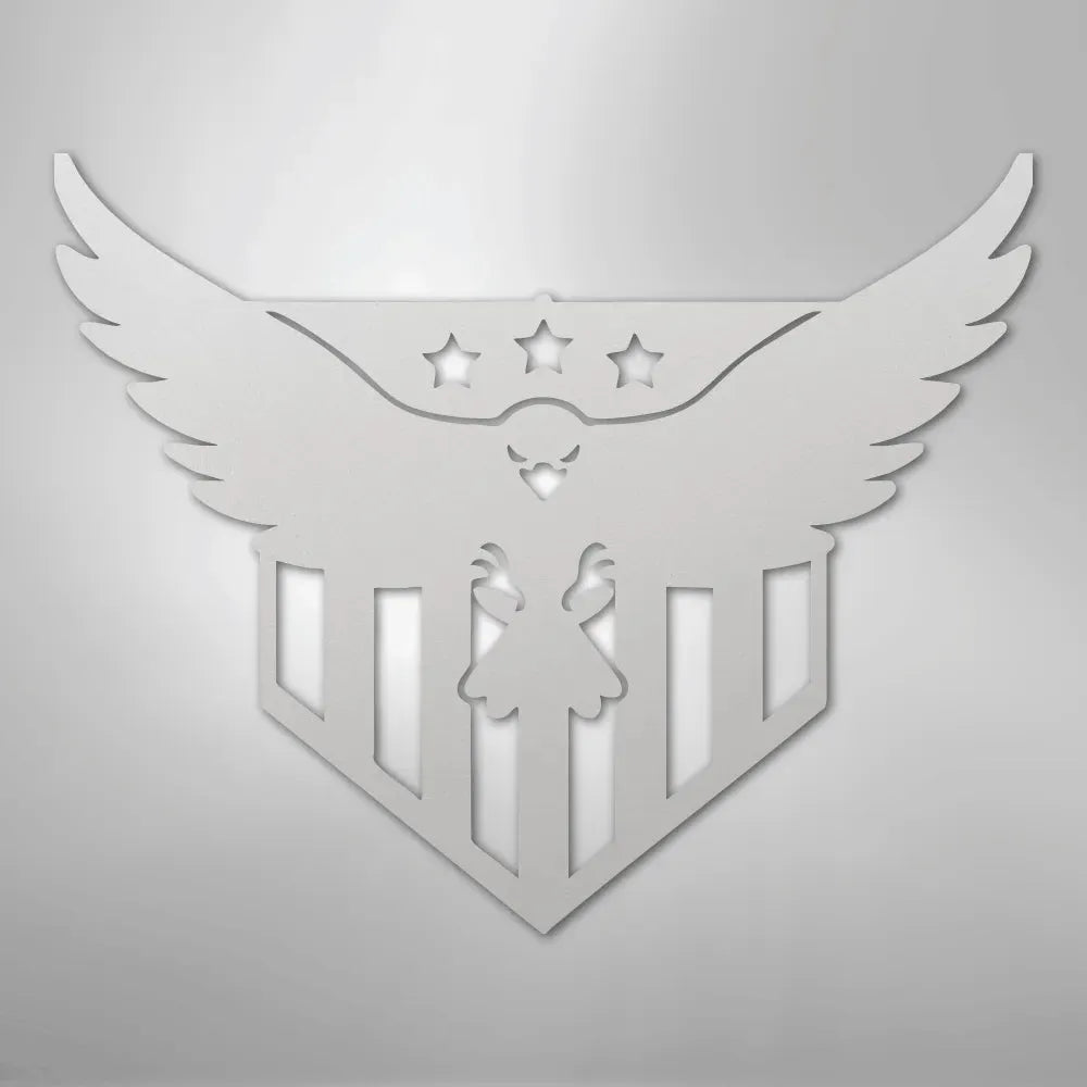 White metal wall art featuring a swooping eagle with three stars above, set on a shield with vertical stripes.