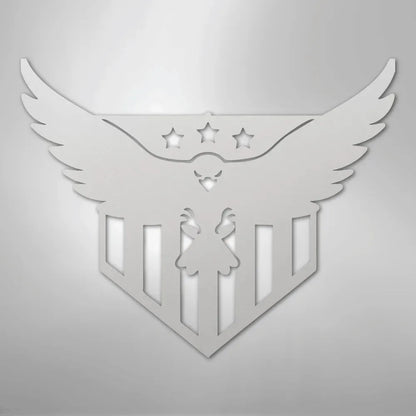 White metal wall art featuring a swooping eagle with three stars above, set on a shield with vertical stripes.