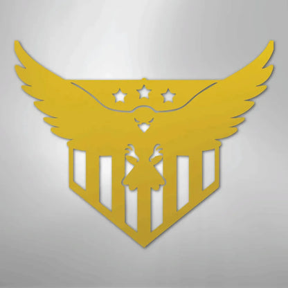 Gold metal wall art featuring a swooping eagle with three stars above a shield design.