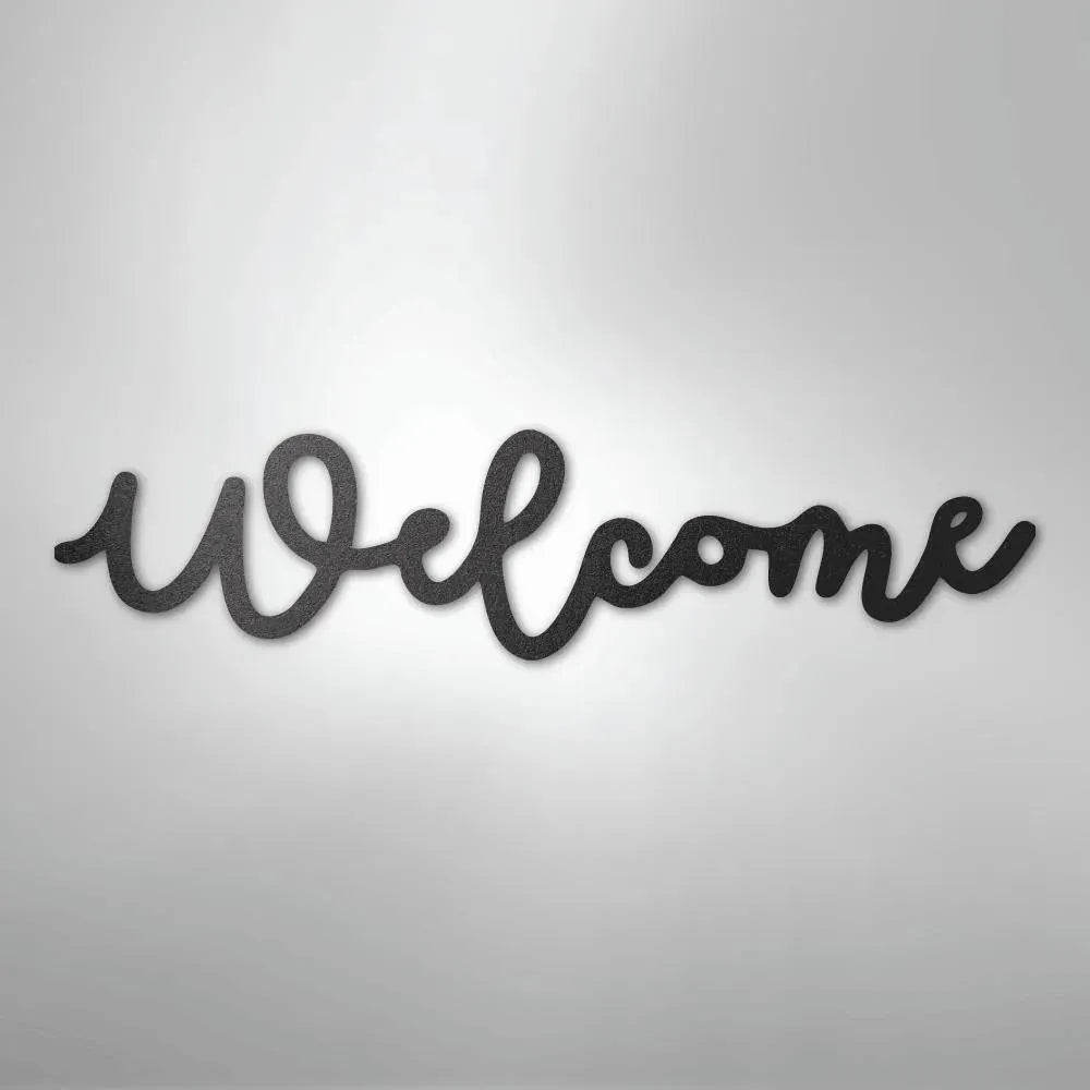 Black script "Welcome" metal wall art, powder-coated American steel, for indoor or outdoor decor.