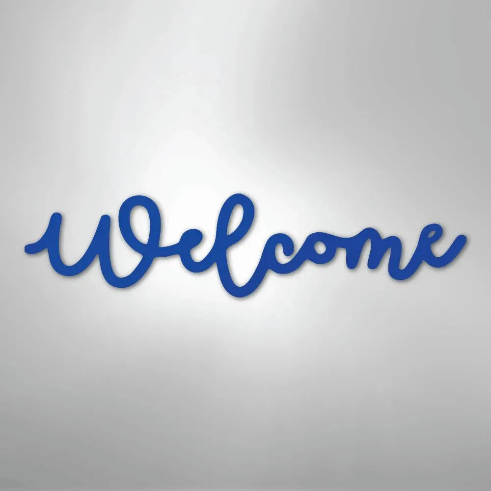 Blue script "Welcome" metal wall art, powder-coated American steel, elegant cursive design.
