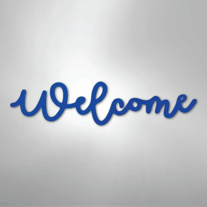 Blue script "Welcome" metal wall art, powder-coated American steel, elegant cursive design.
