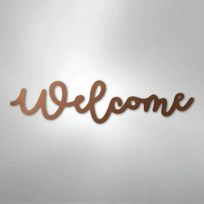 Copper-colored "Welcome" script metal wall art with a handwritten font, casting a subtle shadow.