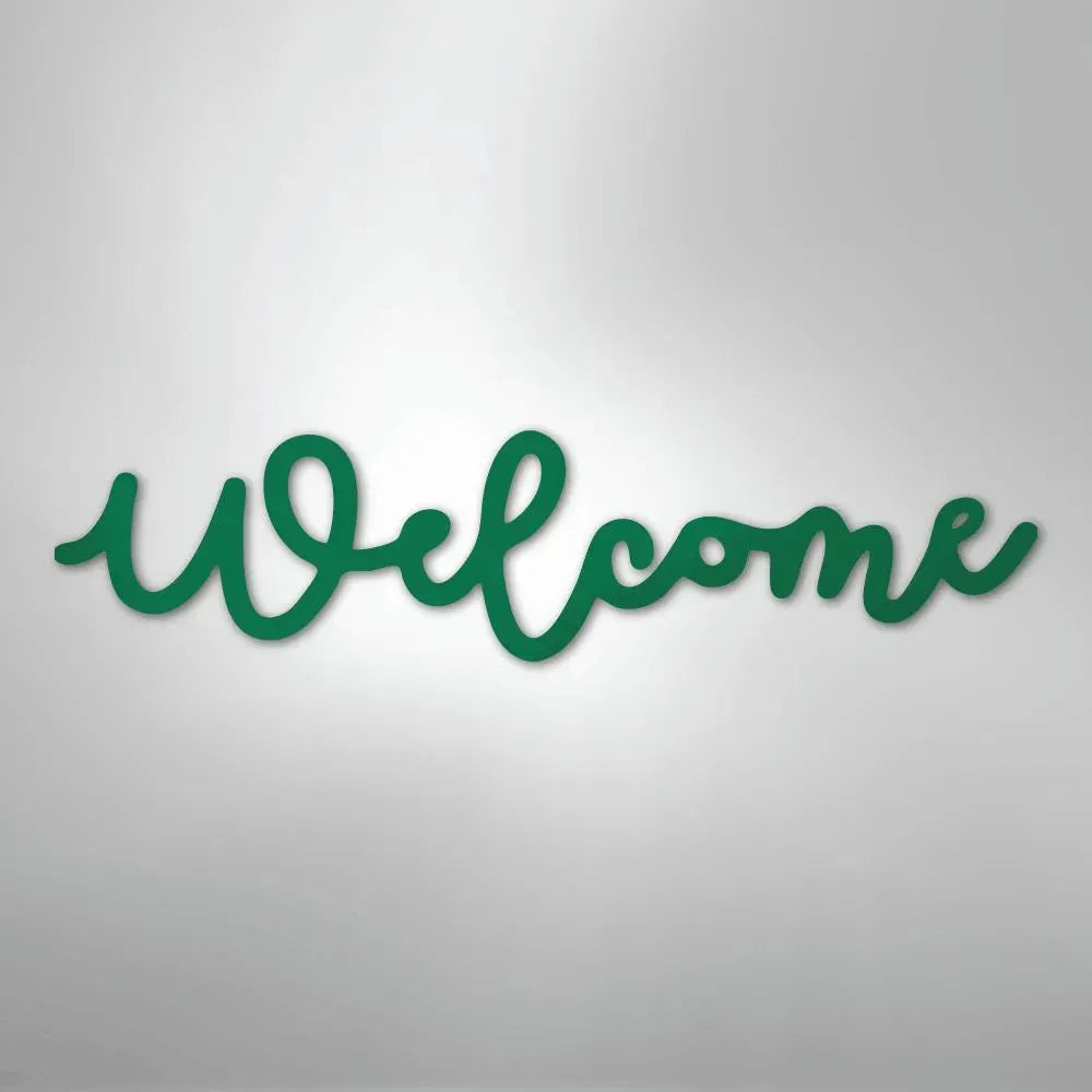 Green script "Welcome" metal wall art, powder-coated for indoor/outdoor use.