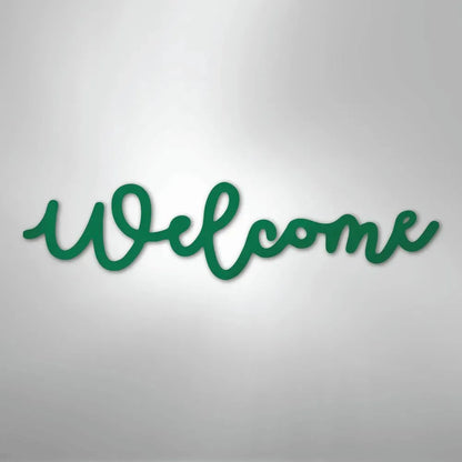 Green script "Welcome" metal wall art, powder-coated for indoor/outdoor use.