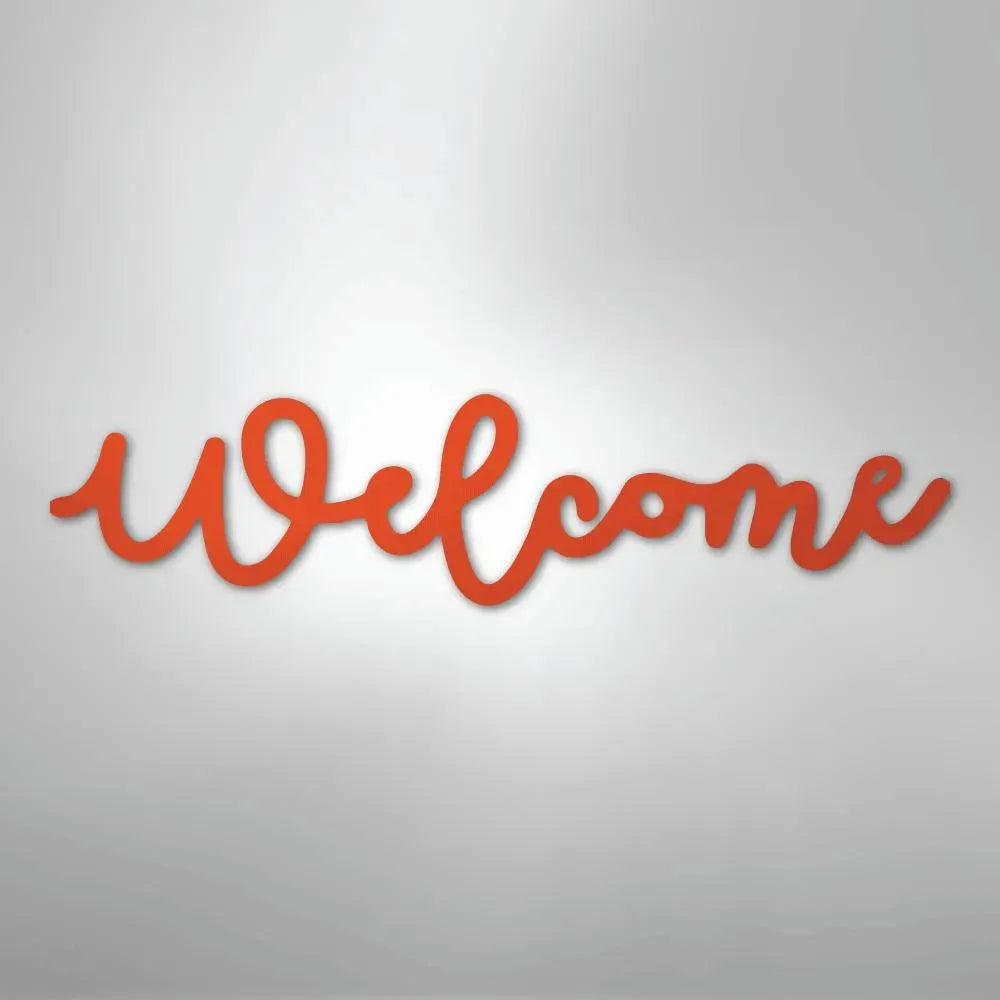 Orange script "Welcome" metal wall art, powder-coated American steel, suitable for indoor/outdoor decor.