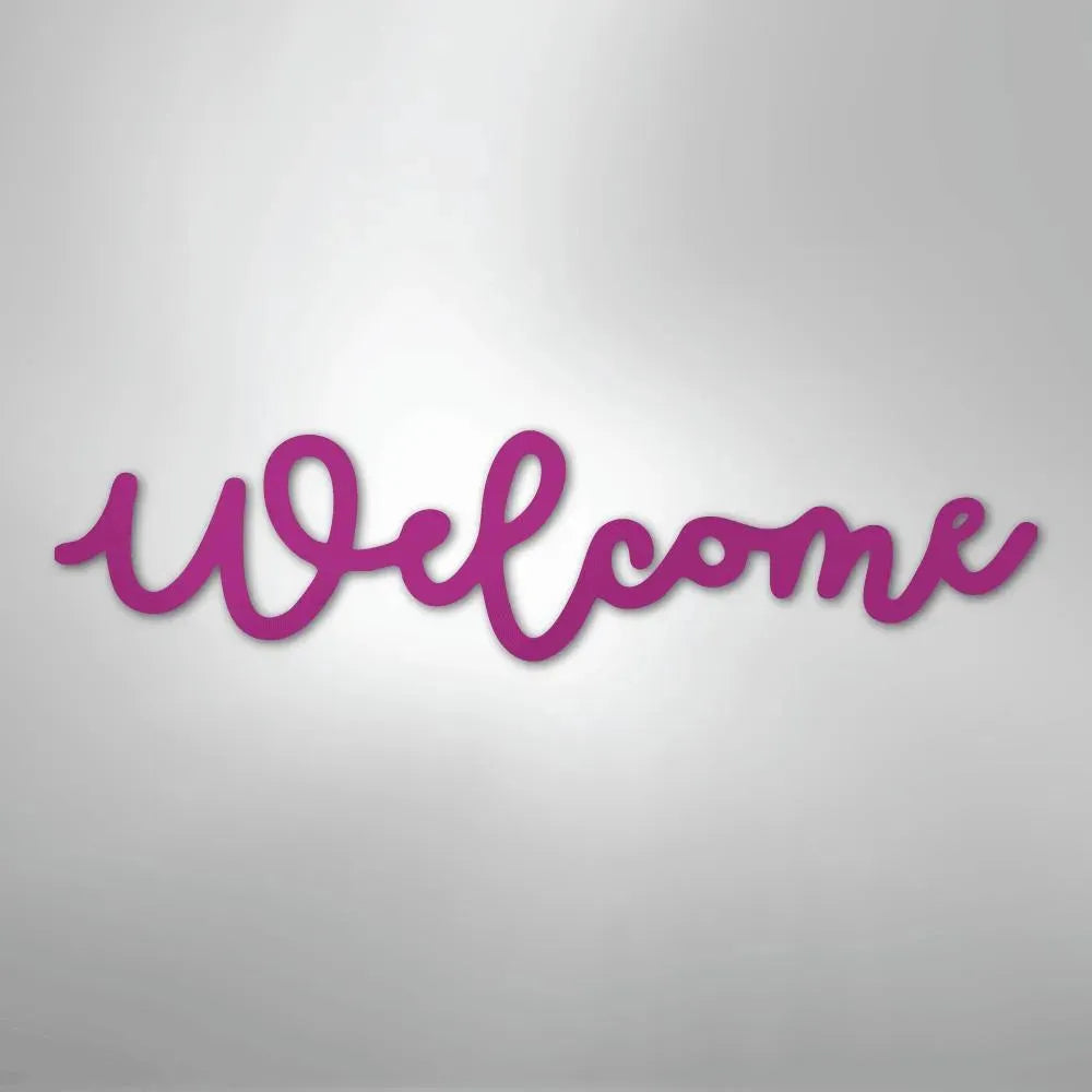 Pink script metal "Welcome" wall art, powder-coated American steel for indoor/outdoor decor.