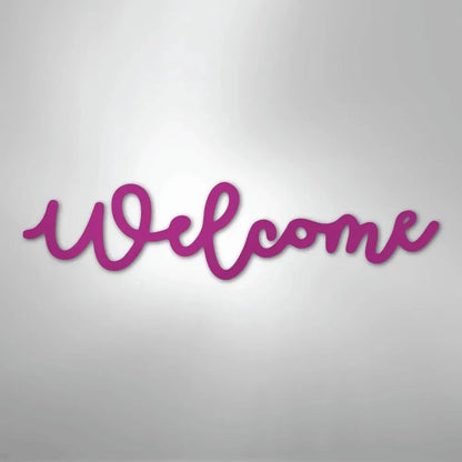 Pink script metal "Welcome" wall art, powder-coated American steel for indoor/outdoor decor.
