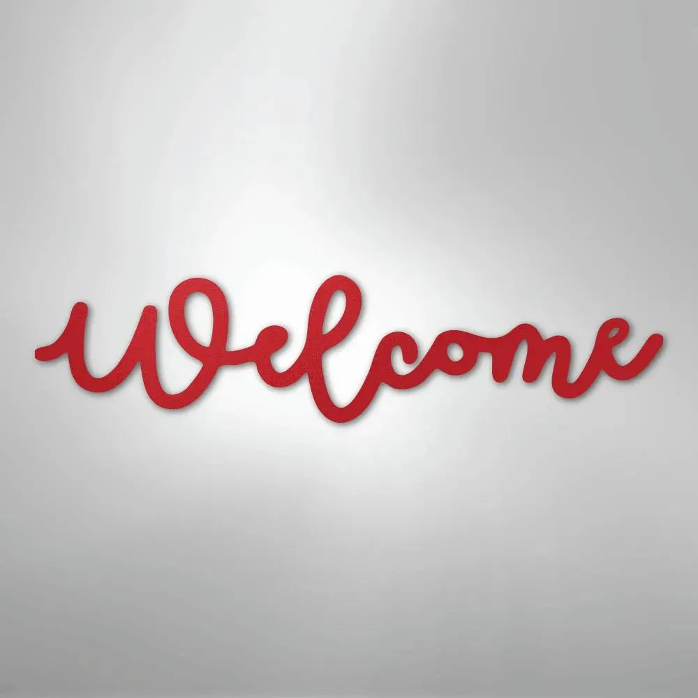 Red script "Welcome" metal wall art, powder-coated for indoor/outdoor use.