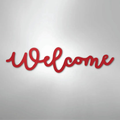 Red script "Welcome" metal wall art, powder-coated for indoor/outdoor use.