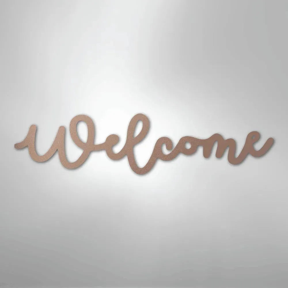 Rose gold "Welcome" script metal wall art, powder-coated for indoor/outdoor display.