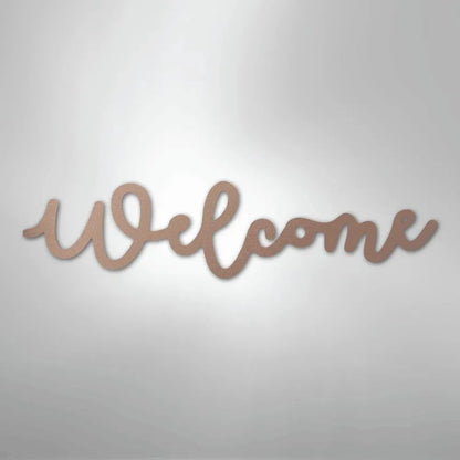 Rose gold "Welcome" script metal wall art, powder-coated for indoor/outdoor display.