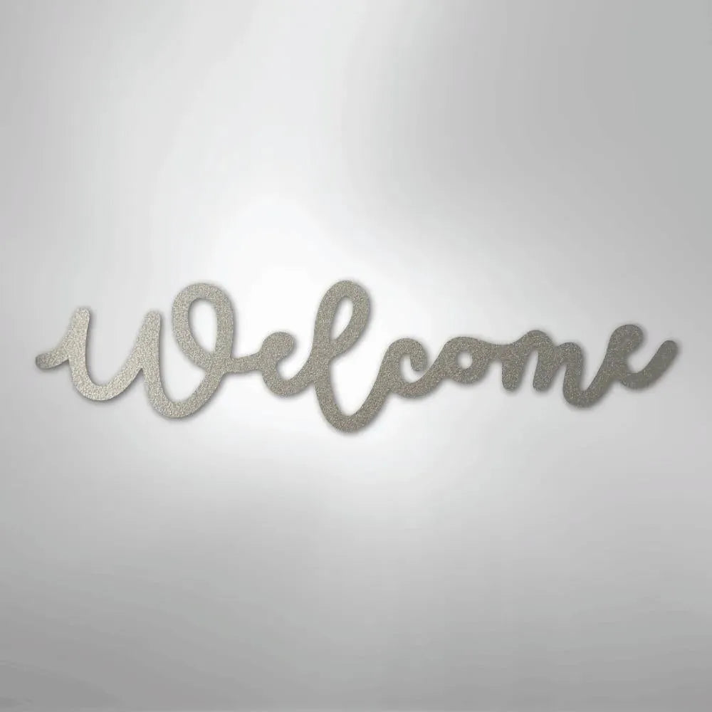 Silver glitter "Welcome" script metal wall art, powder-coated for indoor/outdoor display.