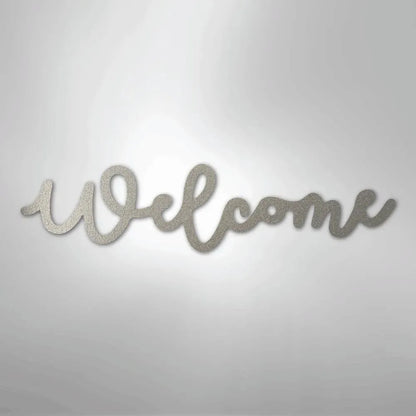 Silver glitter "Welcome" script metal wall art, powder-coated for indoor/outdoor display.