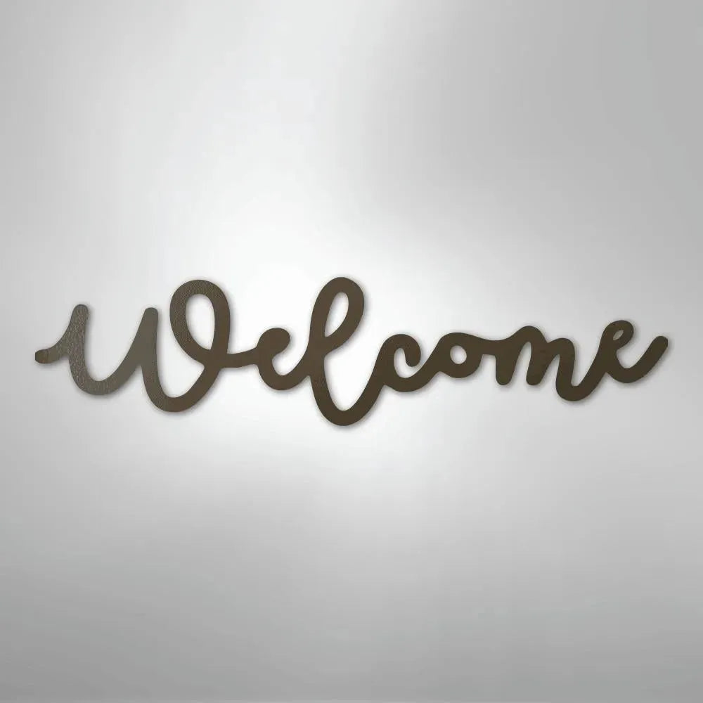 Brown script "Welcome" metal wall art, powder-coated American steel for indoor/outdoor decor.