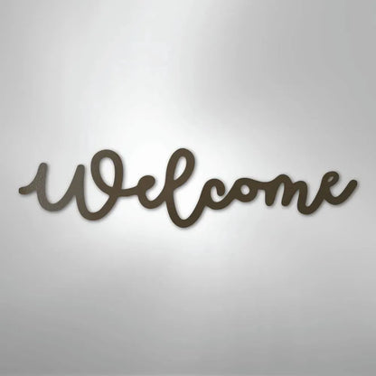 Brown script "Welcome" metal wall art, powder-coated American steel for indoor/outdoor decor.