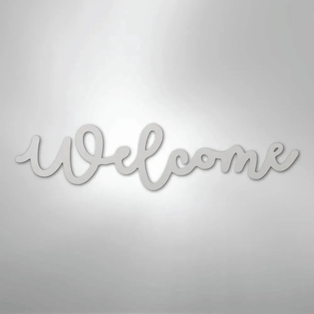 White script "Welcome" metal wall art, powder-coated American steel, elegant cursive design.