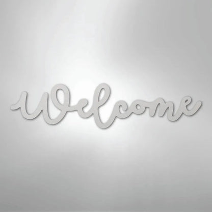White script "Welcome" metal wall art, powder-coated American steel, elegant cursive design.