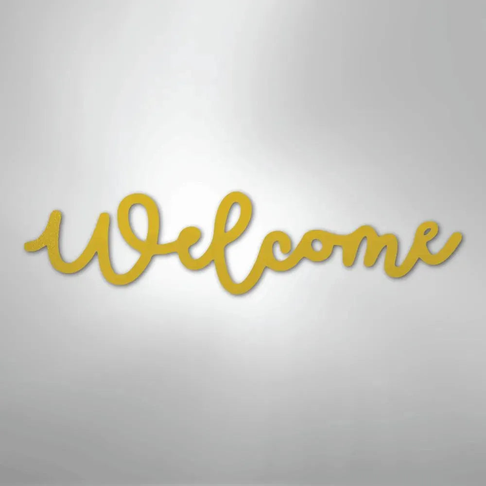 Yellow script "Welcome" metal wall art, powder-coated American steel for indoor/outdoor decor.