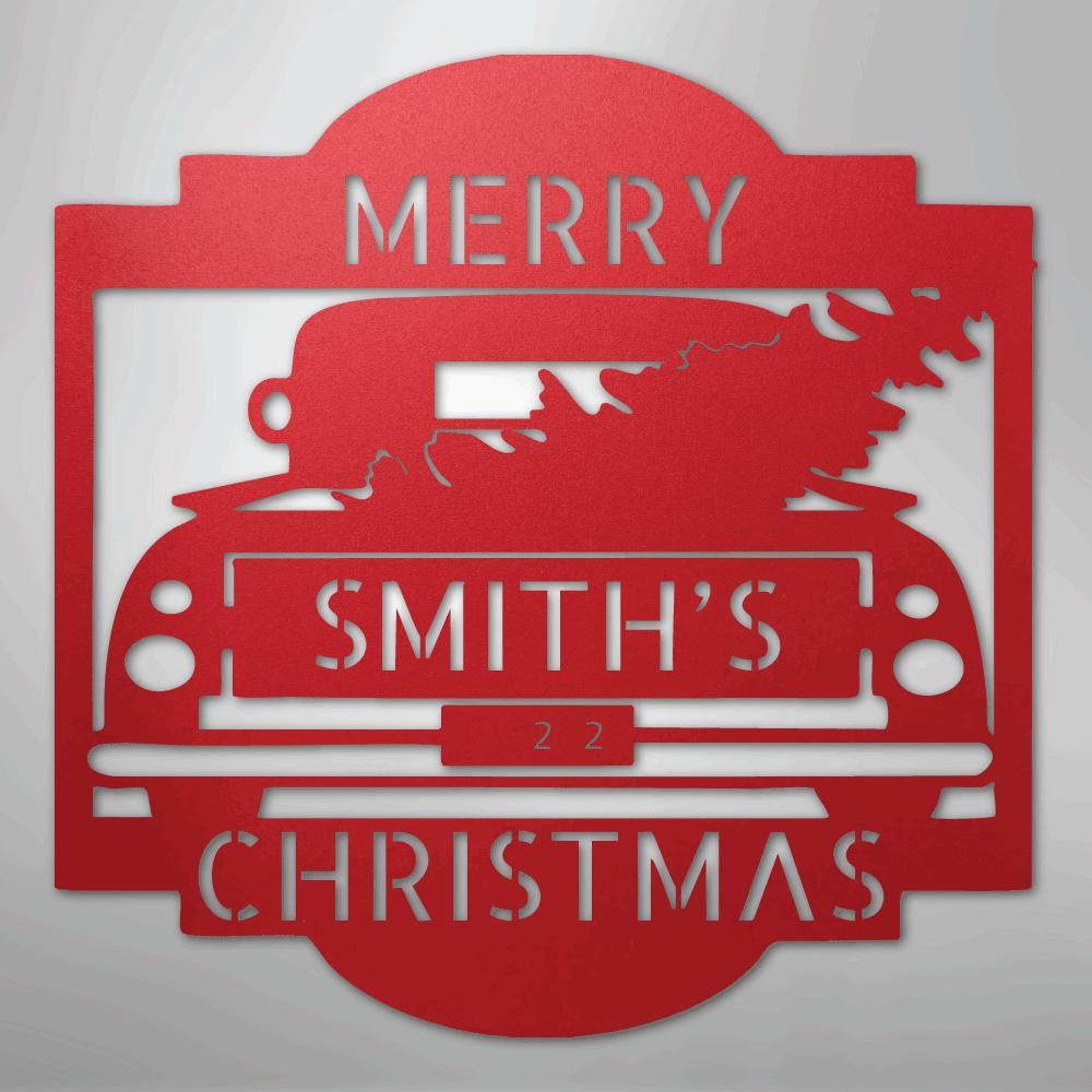 Red metal Christmas truck monogram with a tree, "Merry Smith's Christmas" text, and "22" cutout.