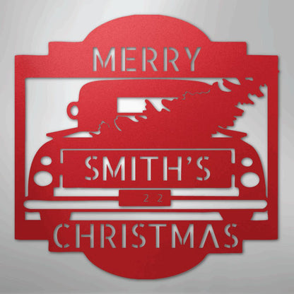 Red metal Christmas truck monogram with a tree, "Merry Smith's Christmas" text, and "22" cutout.