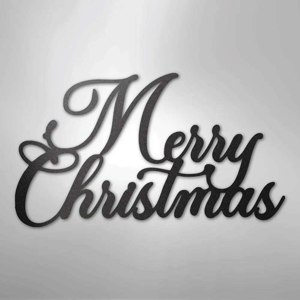 Black "Merry Christmas" metal wall art in elegant script font.