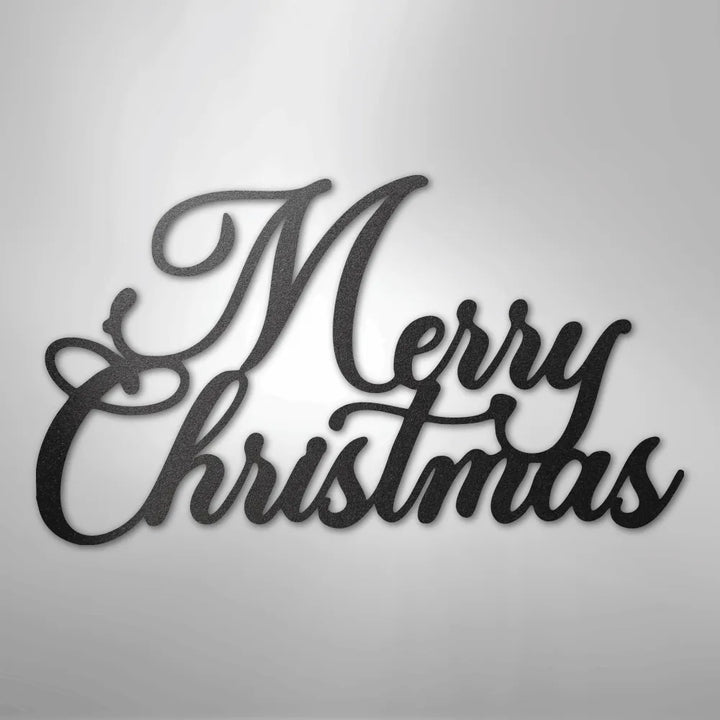 Black "Merry Christmas" metal wall art in elegant script font.
