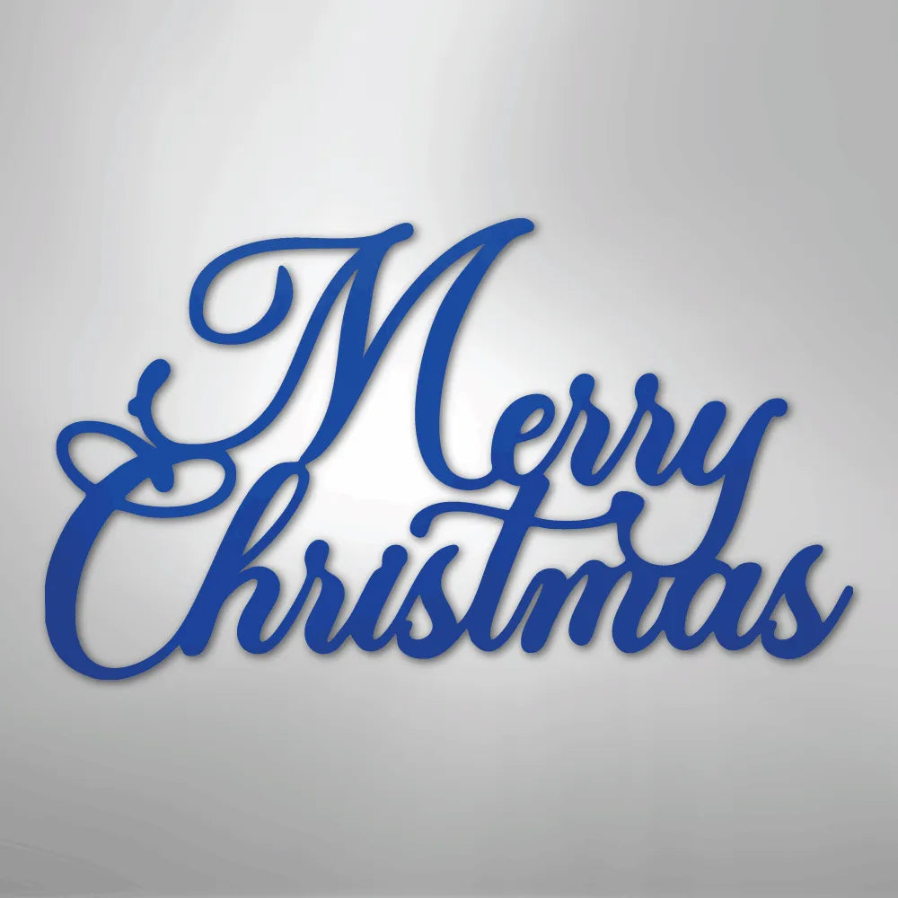 Blue script "Merry Christmas" metal wall art, elegant holiday decor.
